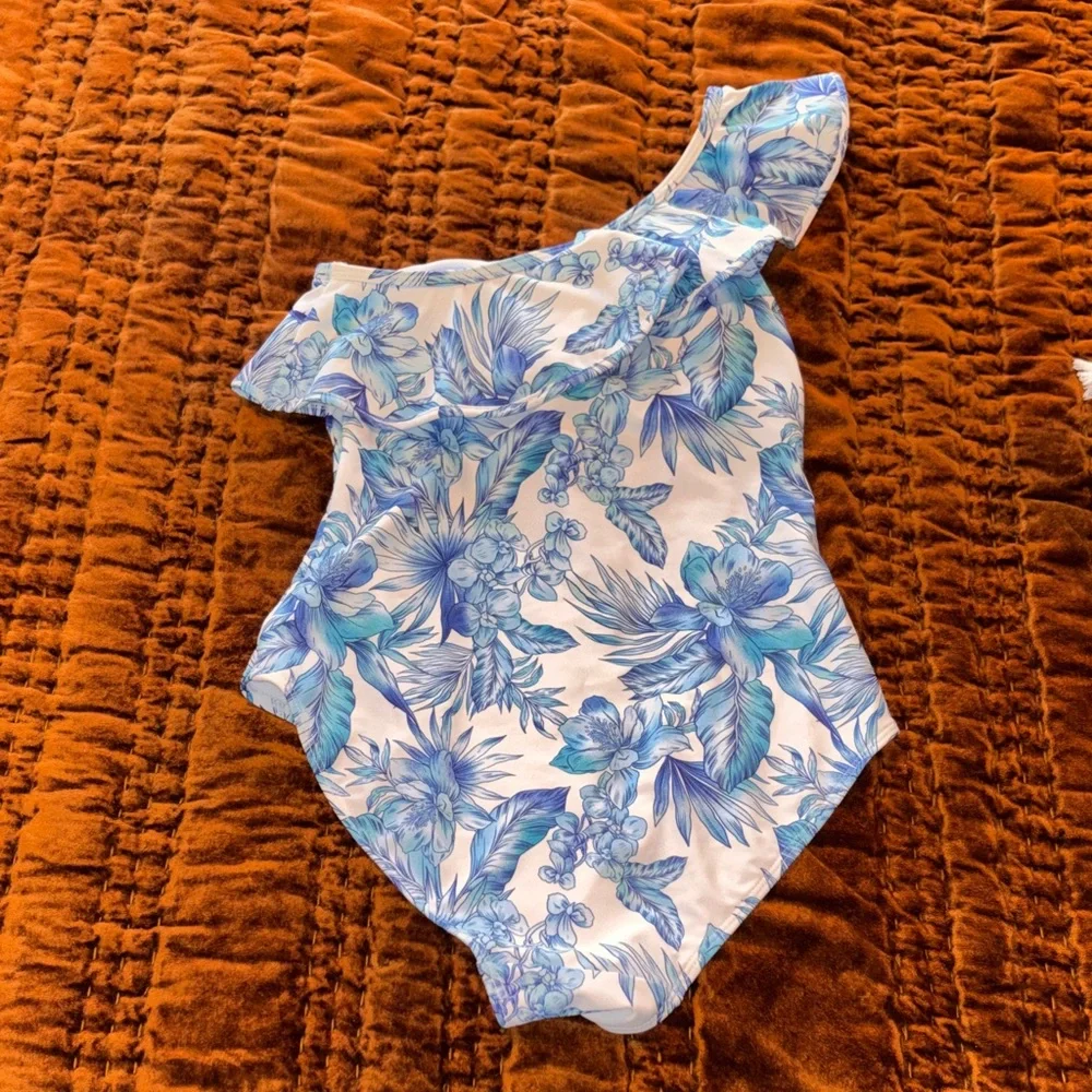 Caribbean Joe White One-Shoulder One-Piece Swimsuit with Blue Floral Print - Picture 1 of 5